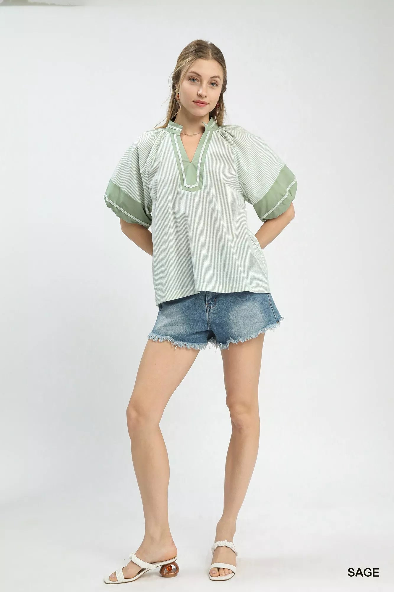Umgee Striped Mixed Puff Sleeve Blouse