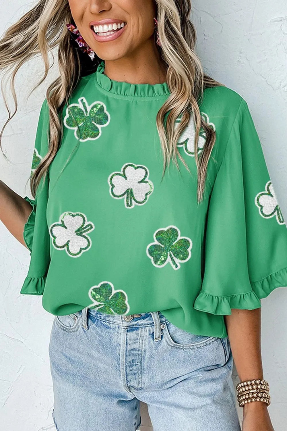 Sequin Clover Graphic Ruffled Trim Bell Sleeve St Patrick Blouse