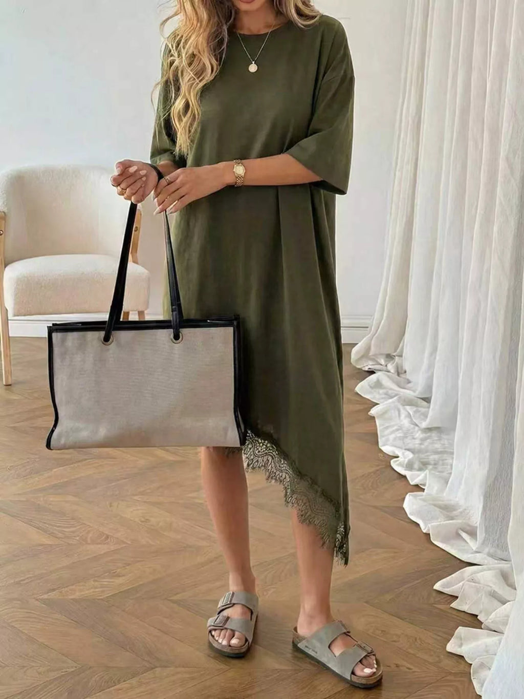 Lace Trim Asymmetrical Hem T-shirt Dress