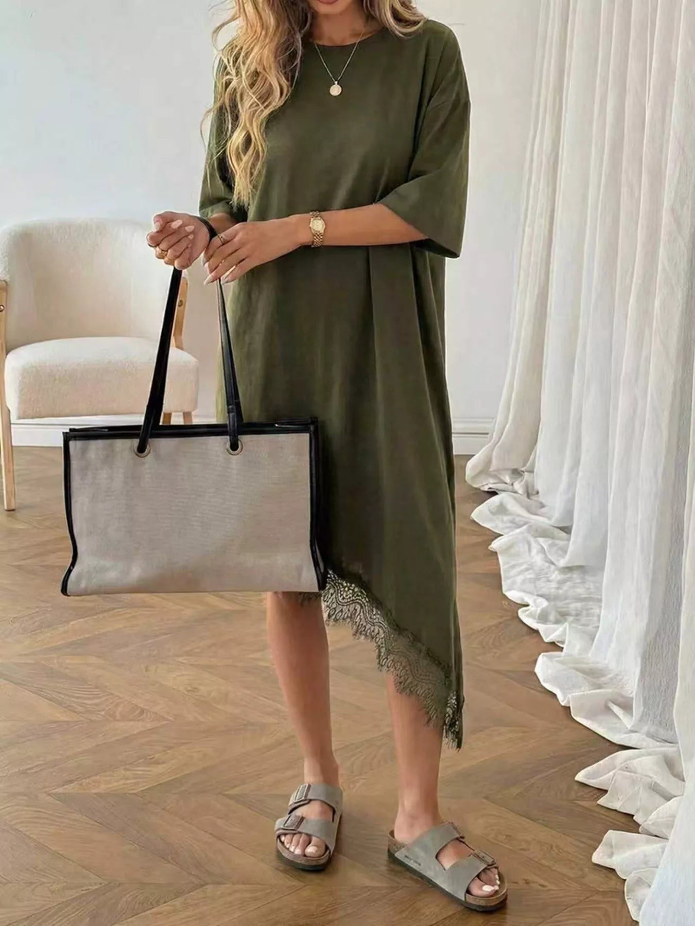 Lace Trim Asymmetrical Hem T-shirt Dress