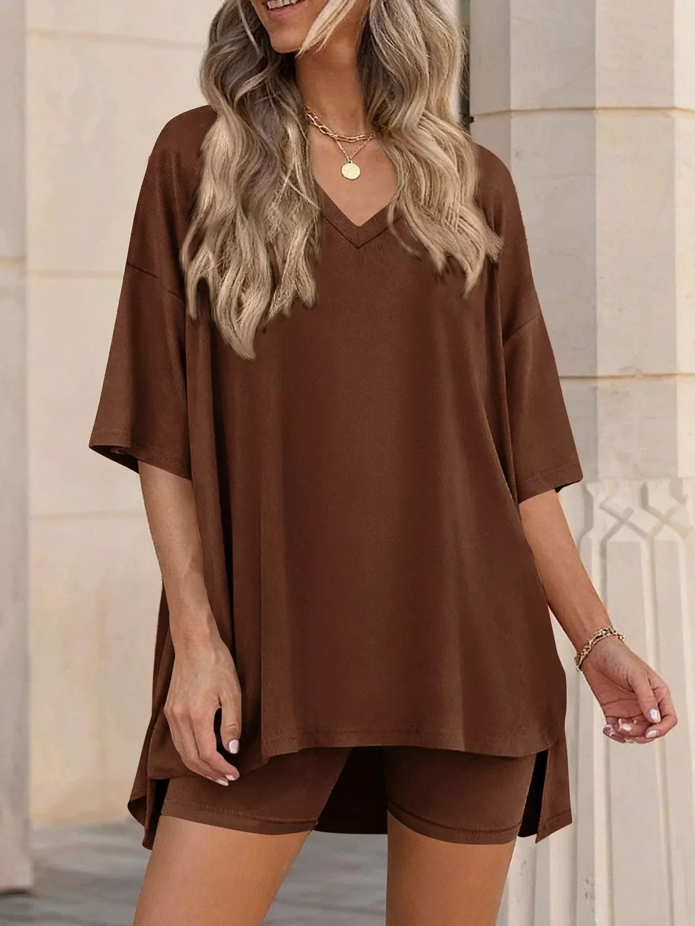Full Size Casual Loose V-Neck T-Shirt & Shorts Set Plus Size