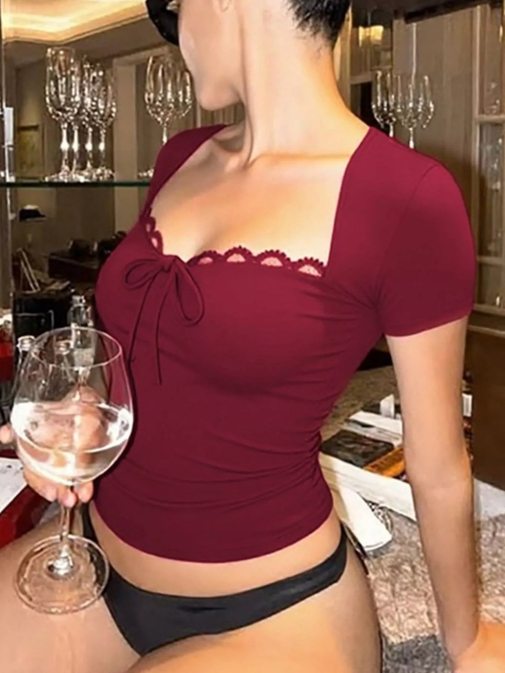 Sweetheart Neck Lace Trim Tie-Front T-Shirt