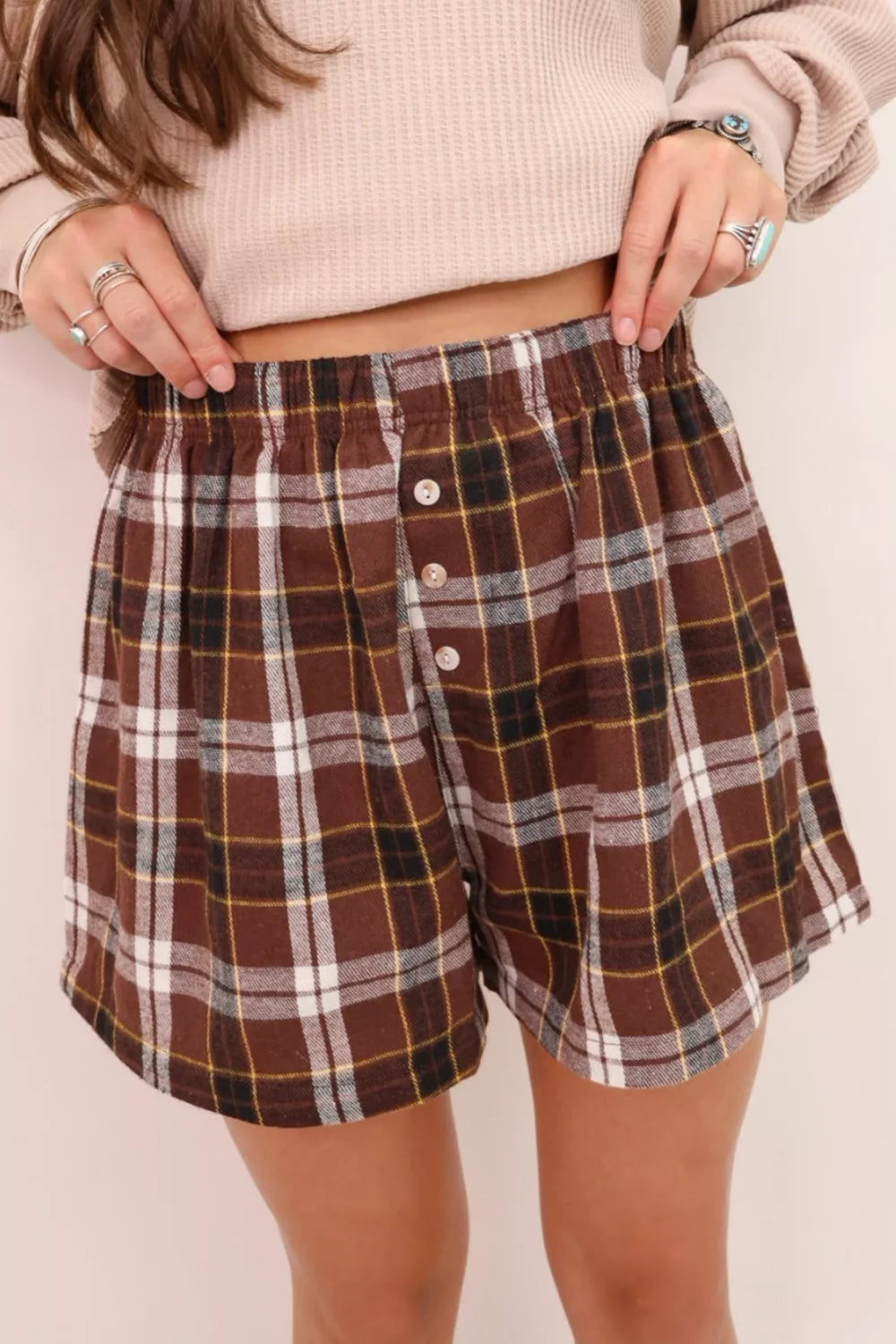 Plaid Button Front Elastic Waist Shorts