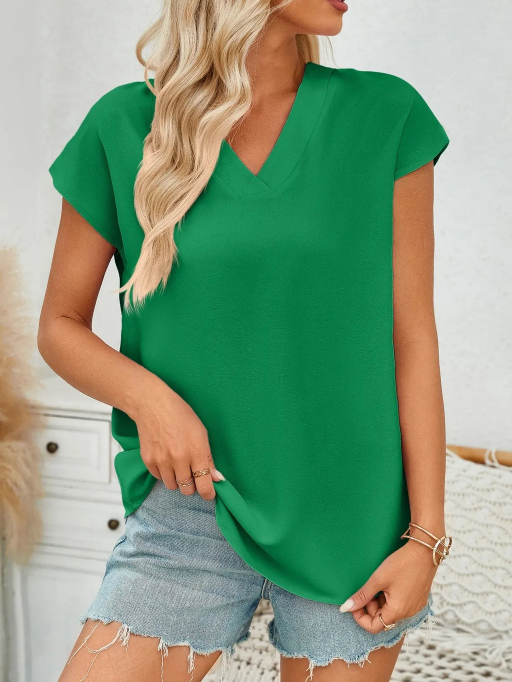 V-Neck Cap Sleeve Blouse