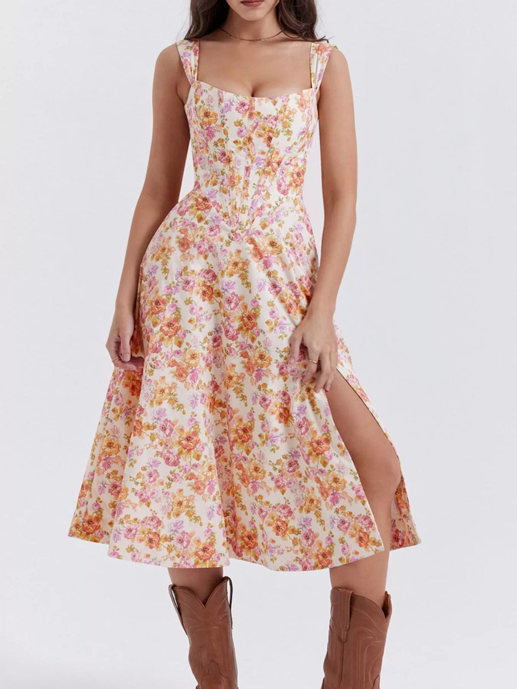 Floral Print Midi Dress with Slit
