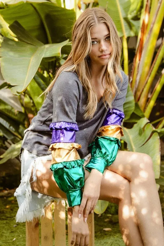 BiBi Ity Foil Ruffled Color Block Top
