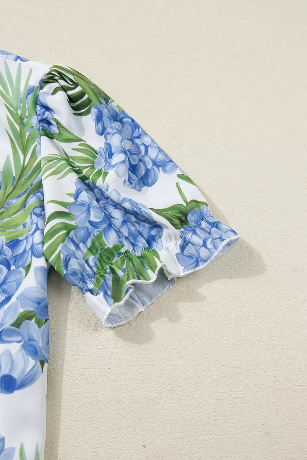Palm Floral Print Striped Patchwork V Neck Short Sleeve Blouse