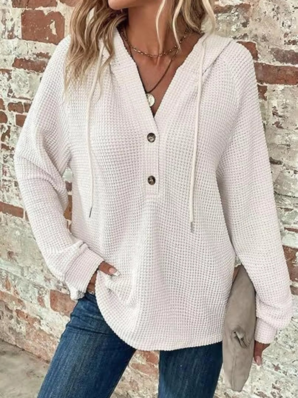 Full Size Button Detail Waffle Knit Hoodie Plus Size