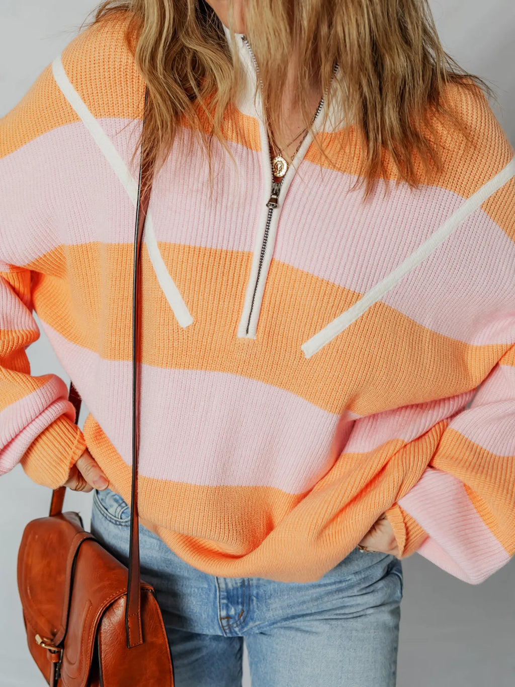Stripe Color Block Half Zip Oversize Sweater