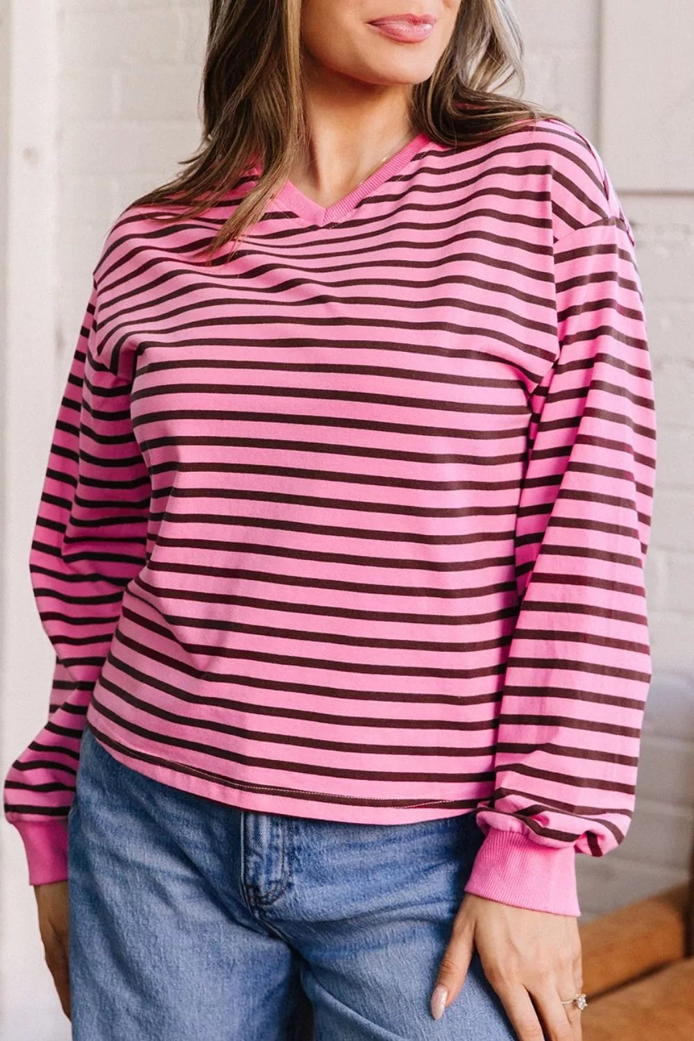 Stripe V Neck Drop Shoulder Long Sleeve Top