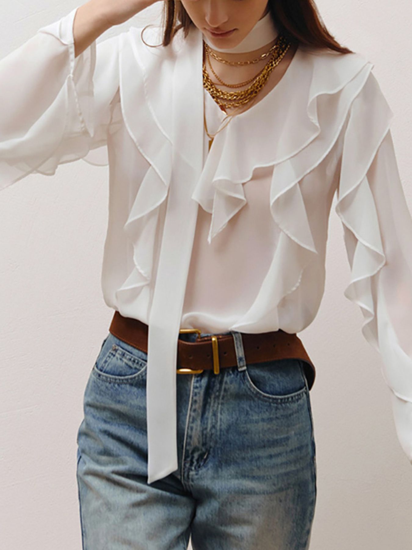 Ruffle Trim Chiffon Blouse