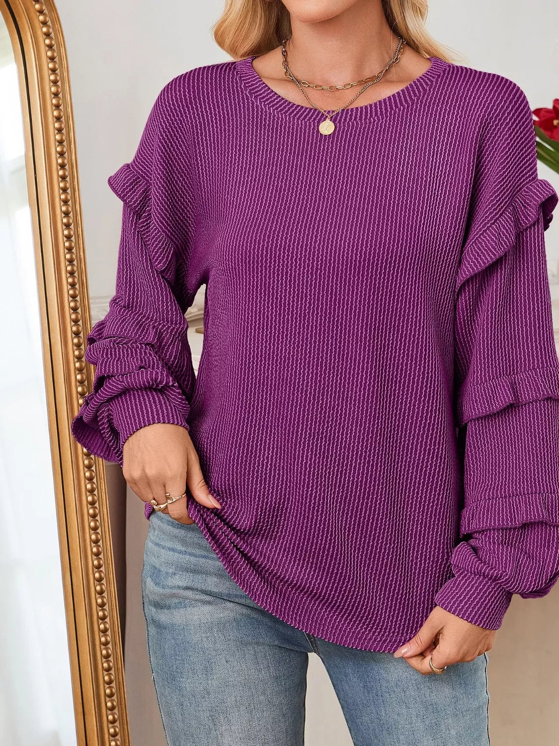 Ruffled Long Sleeve Knit T-Shirt
