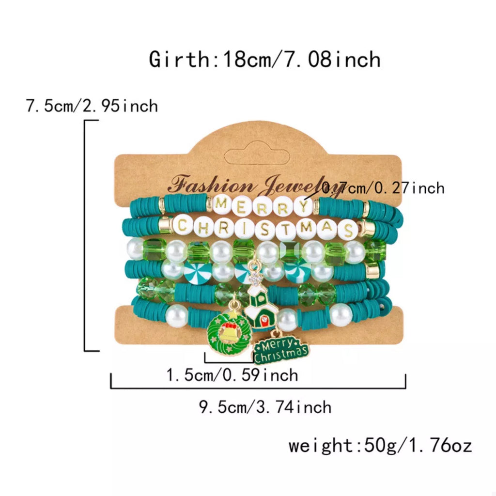 6-Piece Christmas Beaded Bracelet with Pearl Accents