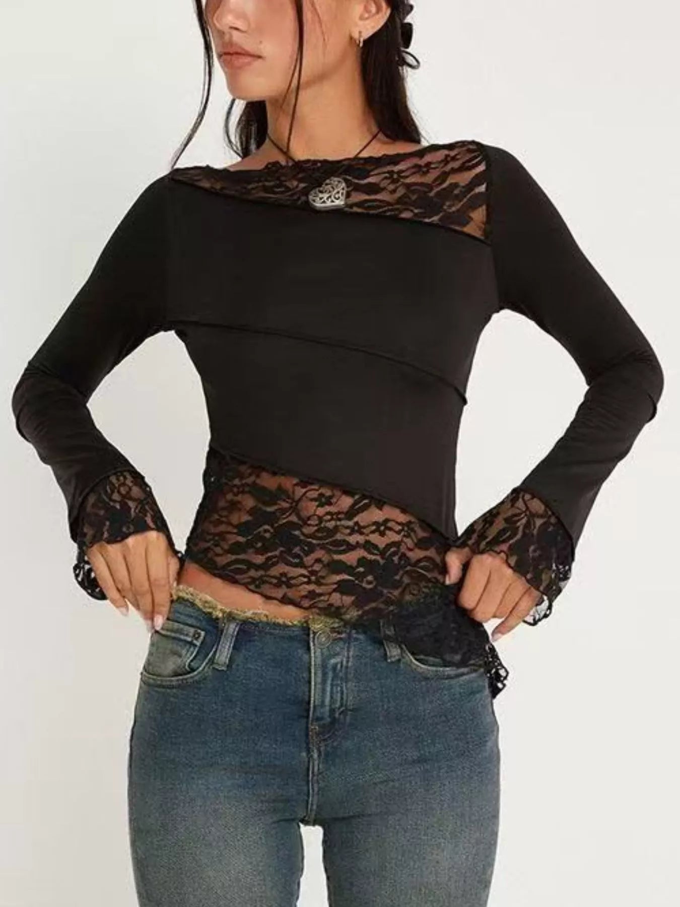 Asymmetrical Lace Trim Long Sleeve T-Shirt