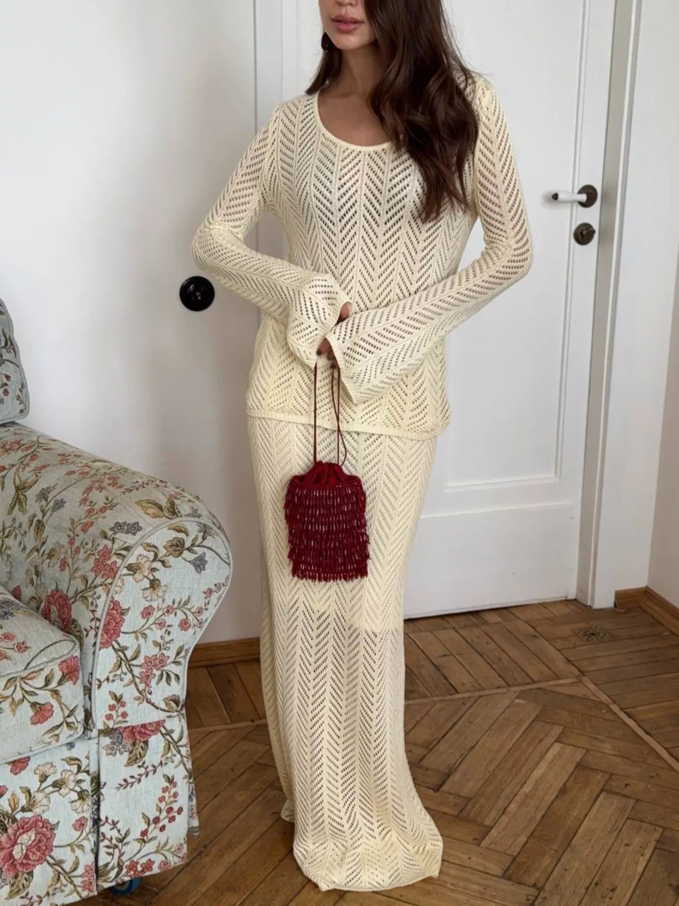 Openwork Long Sleeve Knit Top and Skirt Set