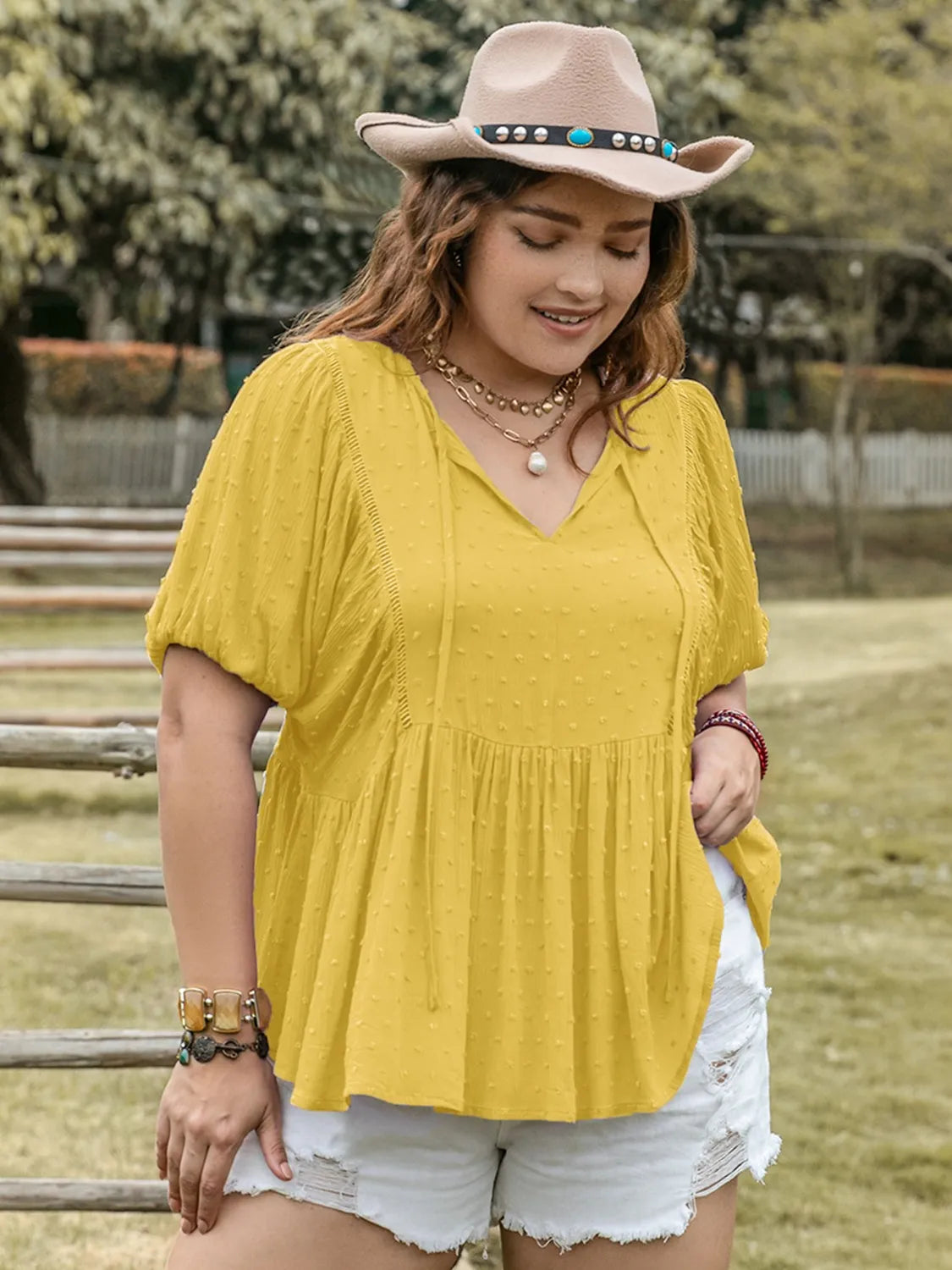 Swiss Dot Tie Neck Short Sleeve Blouse