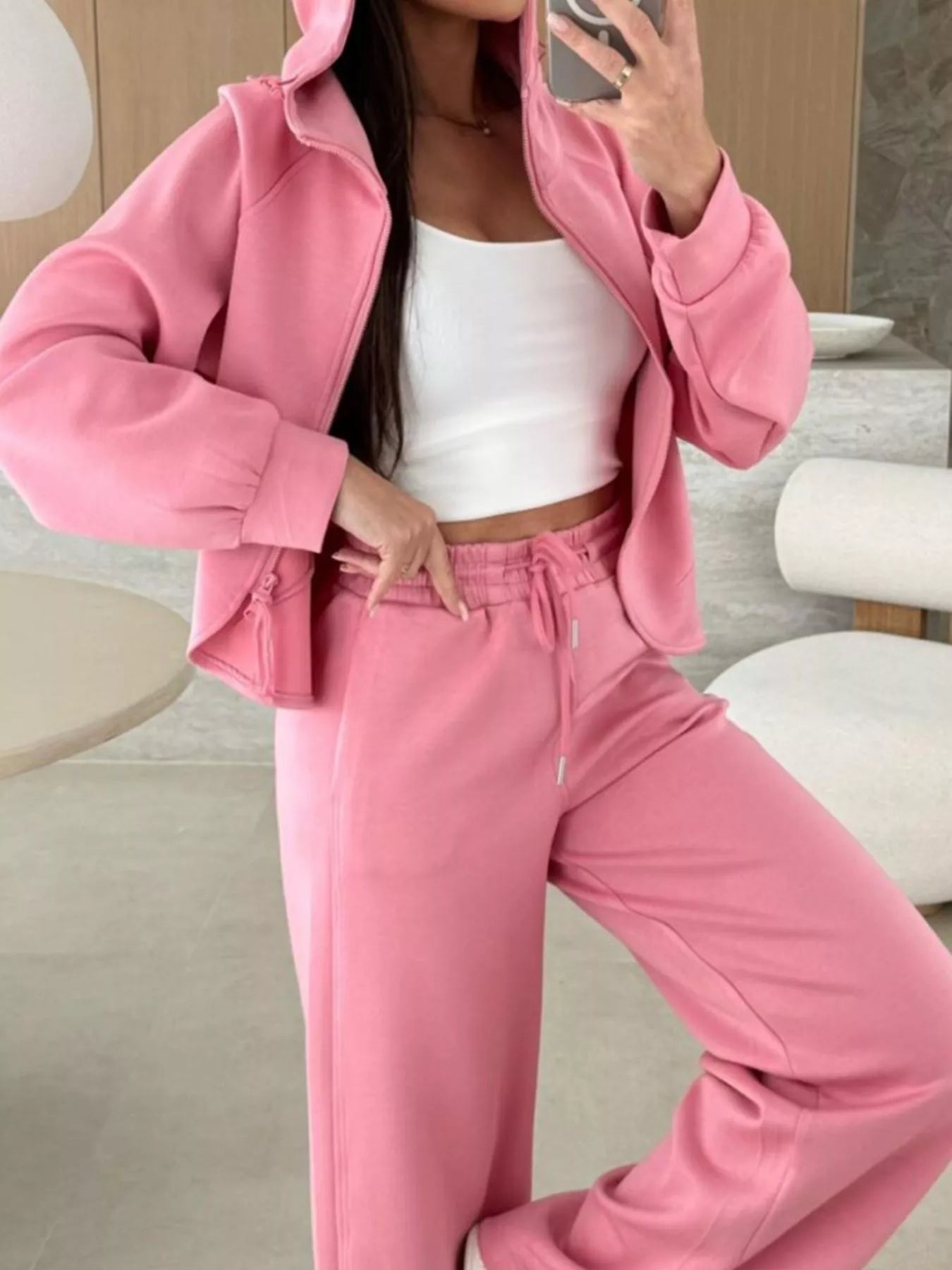 Solid Color Zip Up Hoodie Drawstring Loose Pants Set