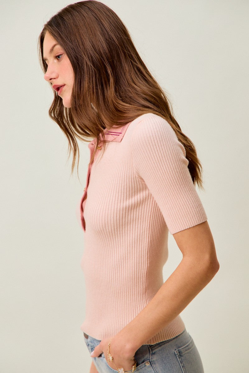 SO ME Contrast Collar Stretchy Rib Knit Short Sleeve Top
