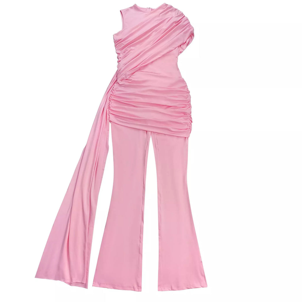 Ruched One-Shoulder Flare Leg Jumpsuit