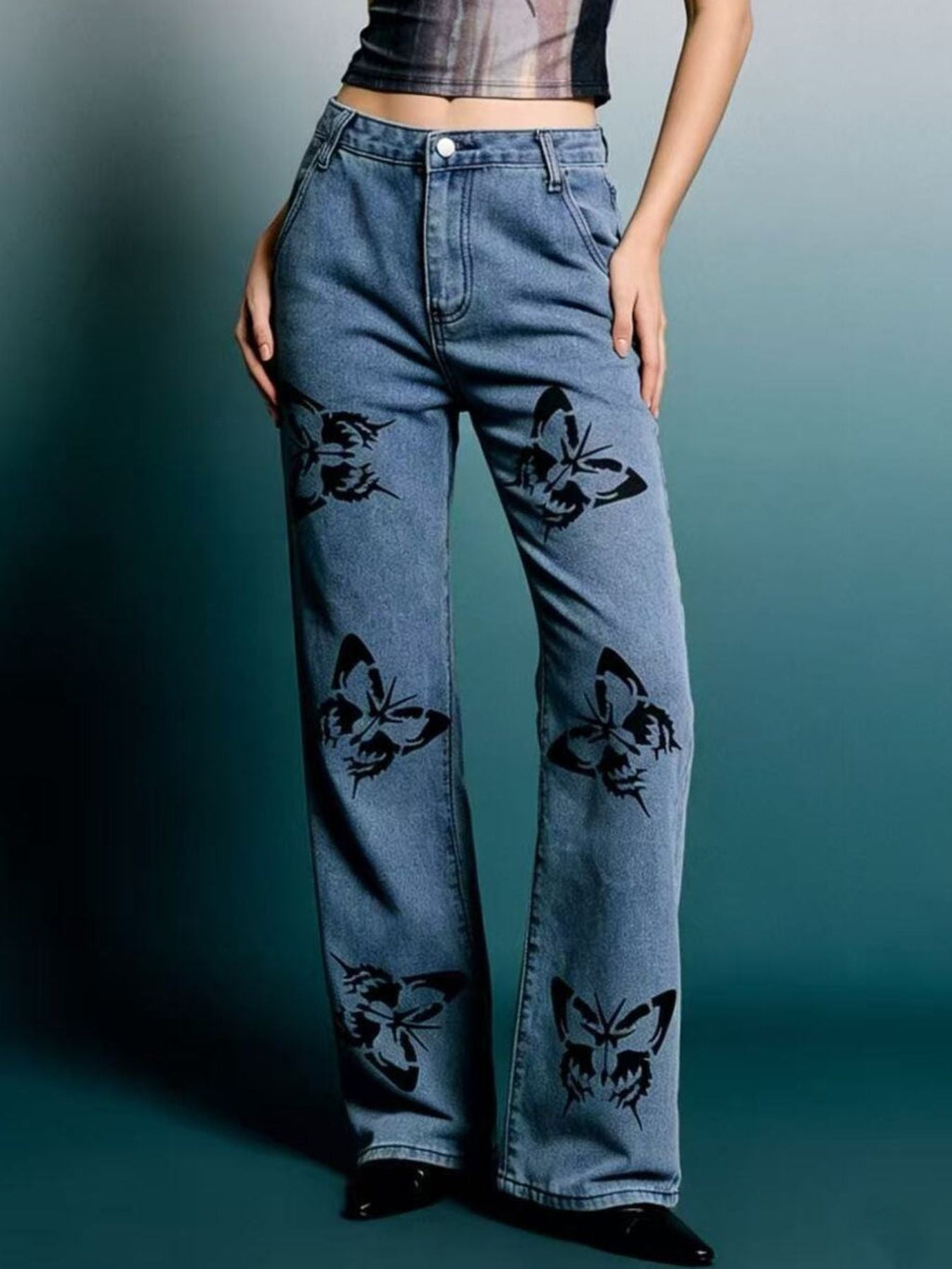 Butterfly Print High-Waisted Wide Leg Jeans