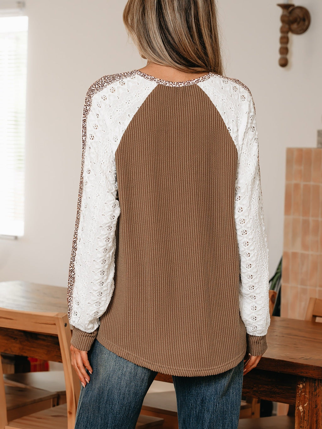 Leopard Trim Raglan Sleeve Top