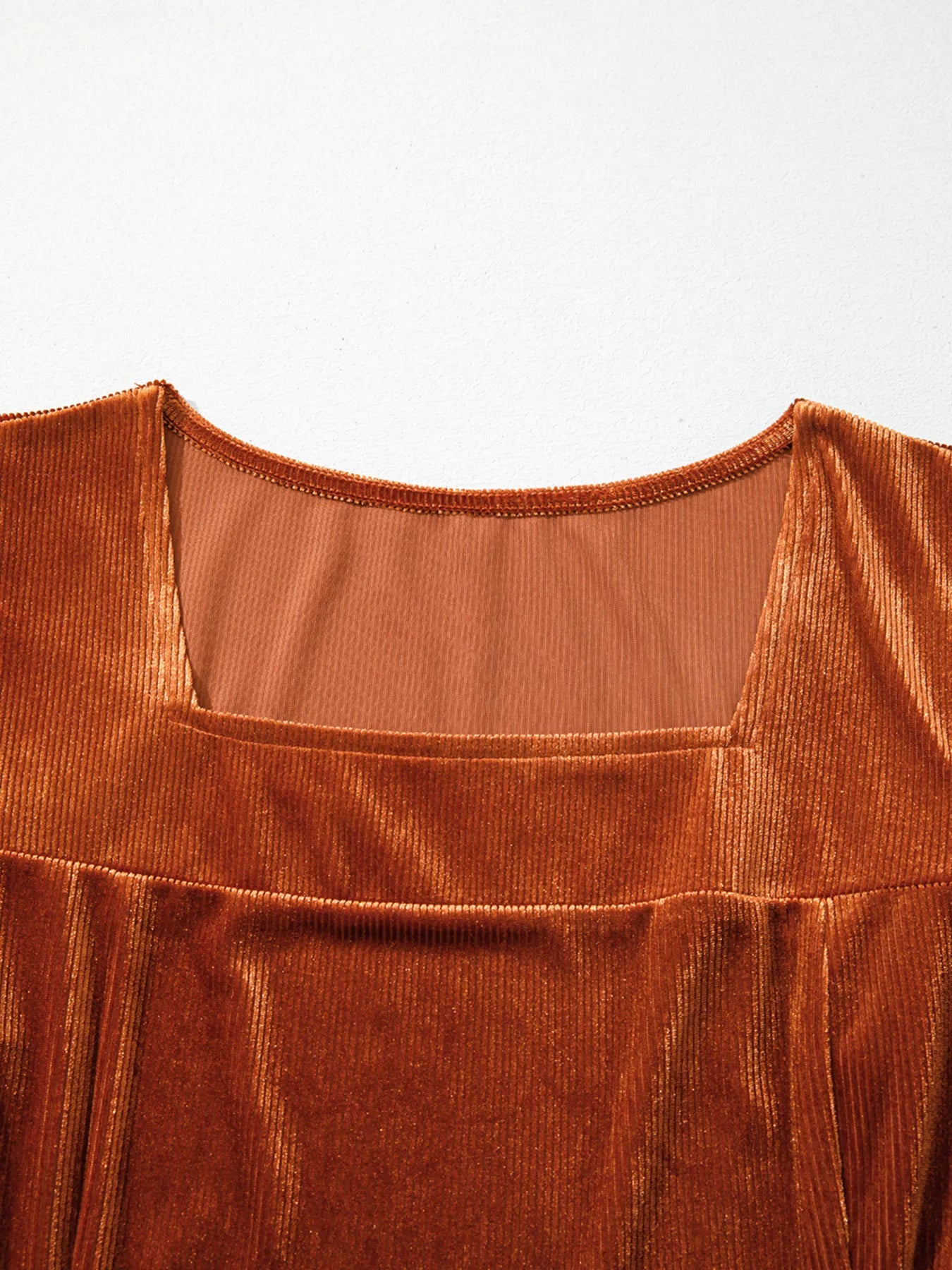 Velvet Ribbed Texture Square Neck Slim Puff Sleeve Top