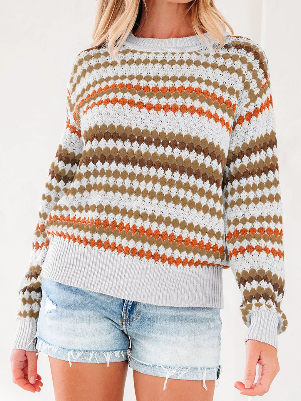 Stripe Eyelet Patterned Drop Shoulder Sweater