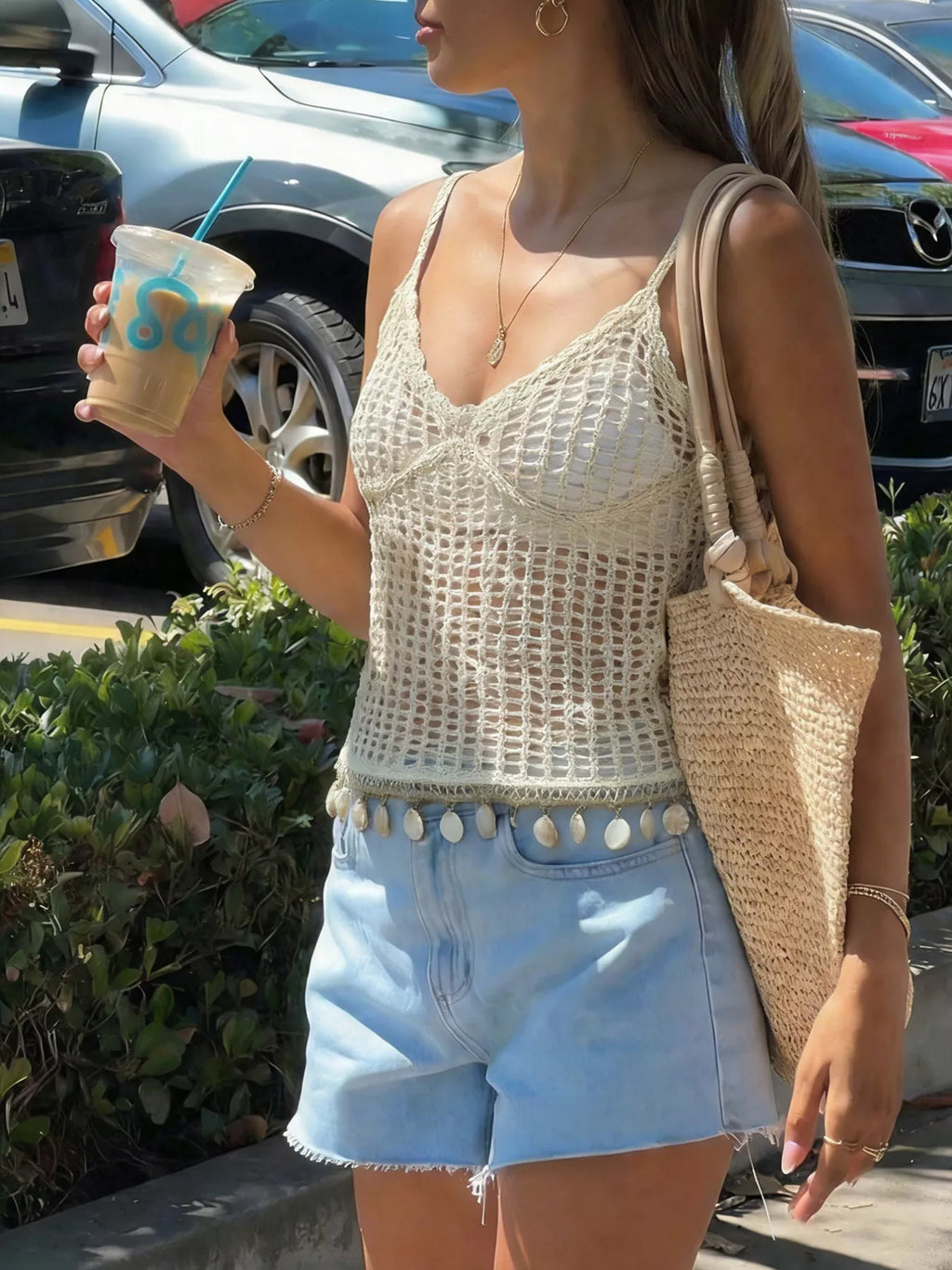 Crochet Knit Shell Hem Cami