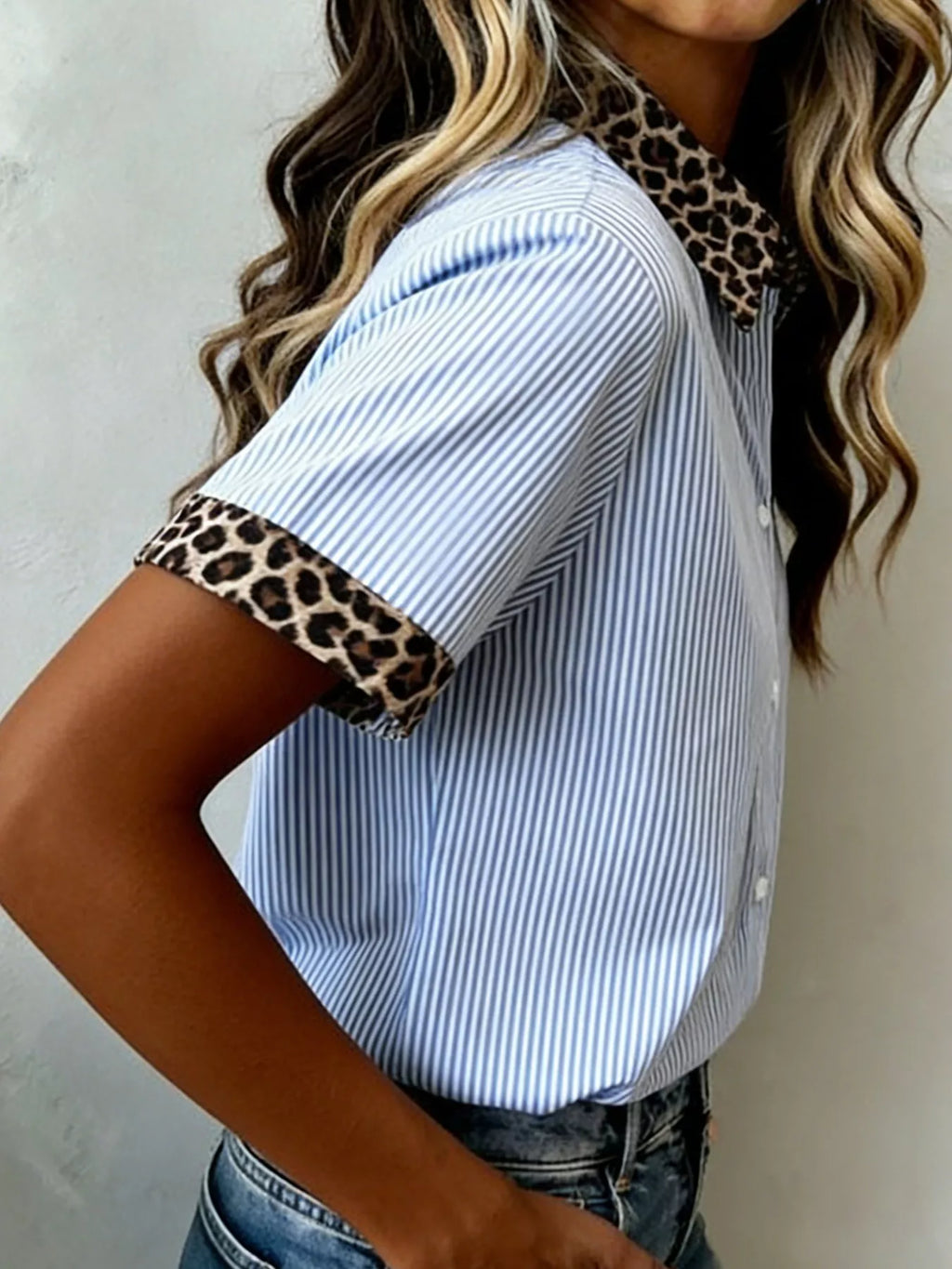 Stripe Leopard Contrast Collar Short Sleeve Shirt