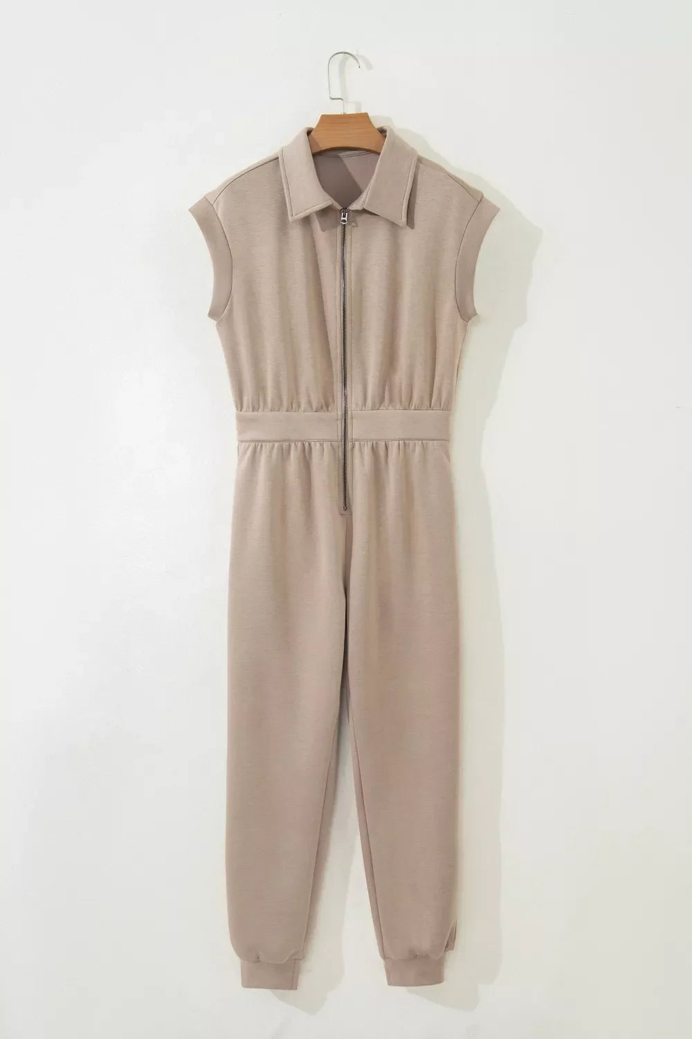 Solid Color Zip Front Short Sleeve Collared Jumpsuit