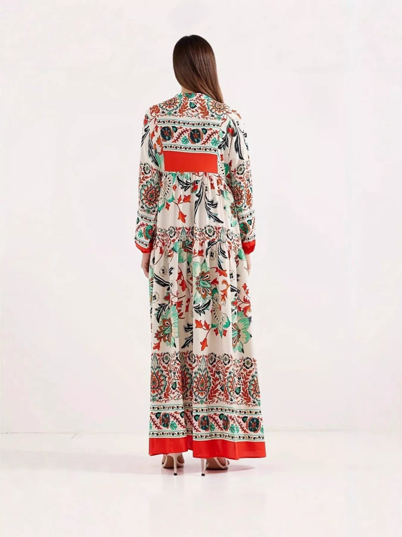 Printed Notched Long Sleeve Maxi Dress