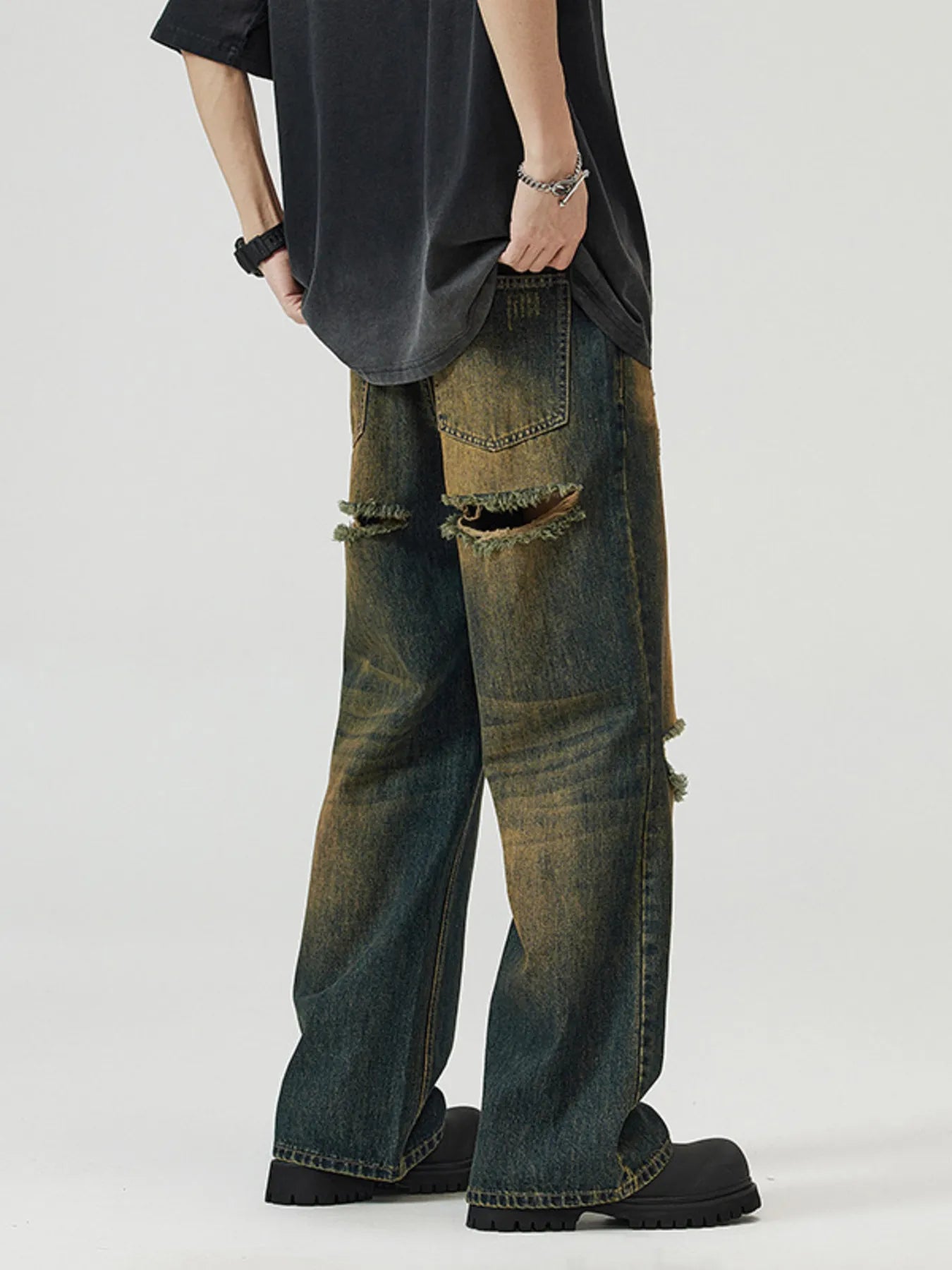Men's Full Size Washed Distressed Wide Leg Jeans Plus Size