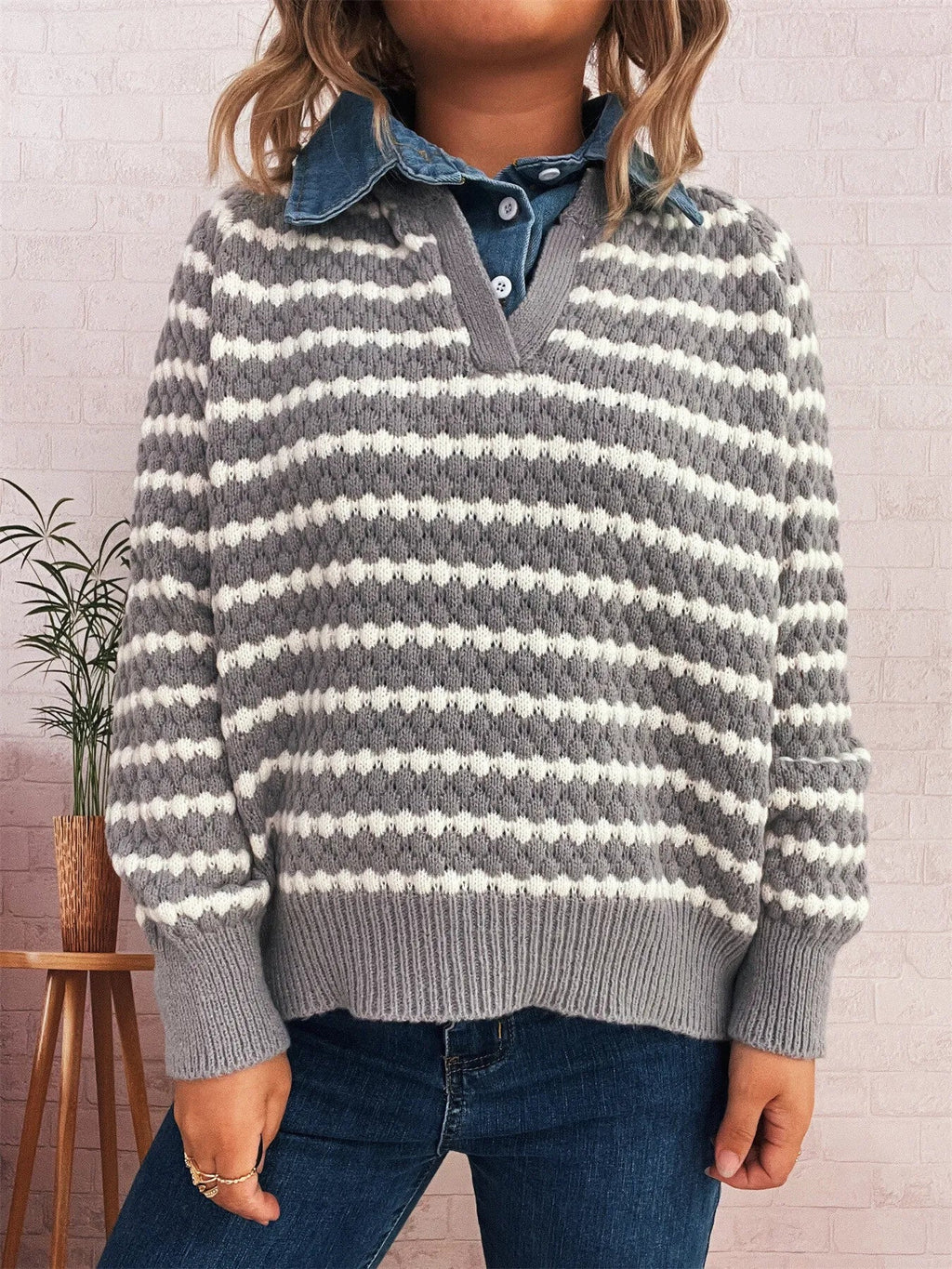 Contrast Striped Sweater with Denim Collar