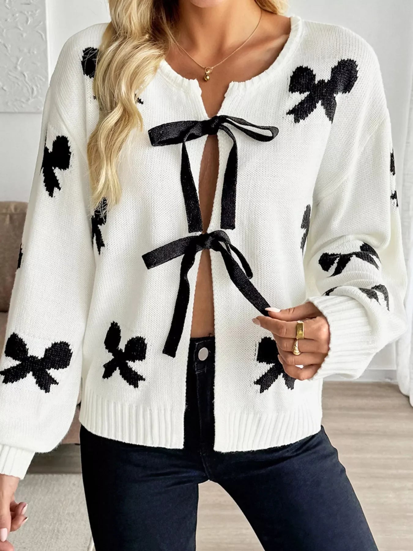 Tie Front Bow Pattern Cardigan