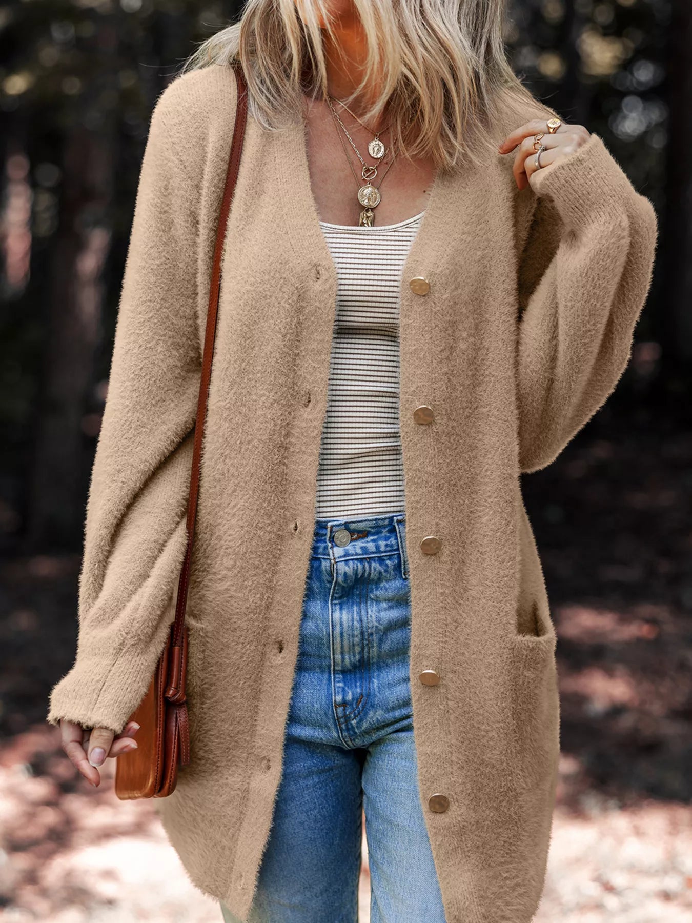 Fuzzy Buttoned Front Cardigan with Pockets