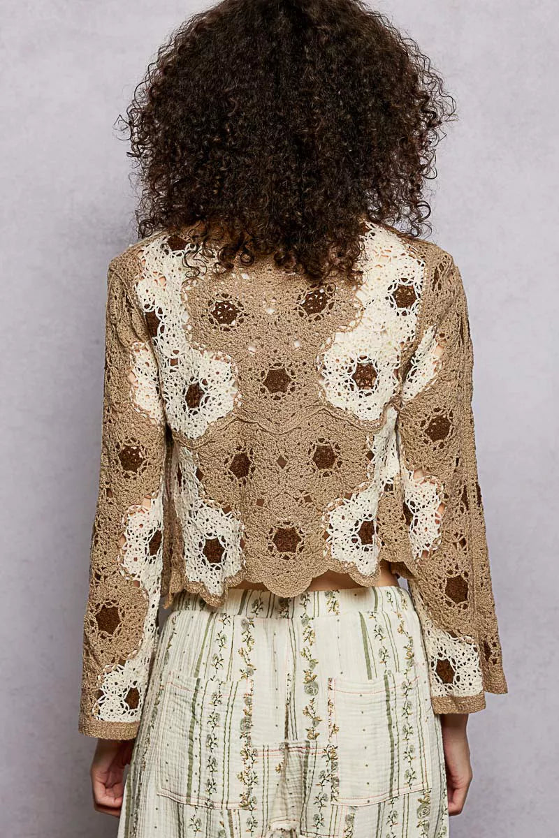 POL Floral Weave Pattern Crochet Cropped Top with Beads Detail