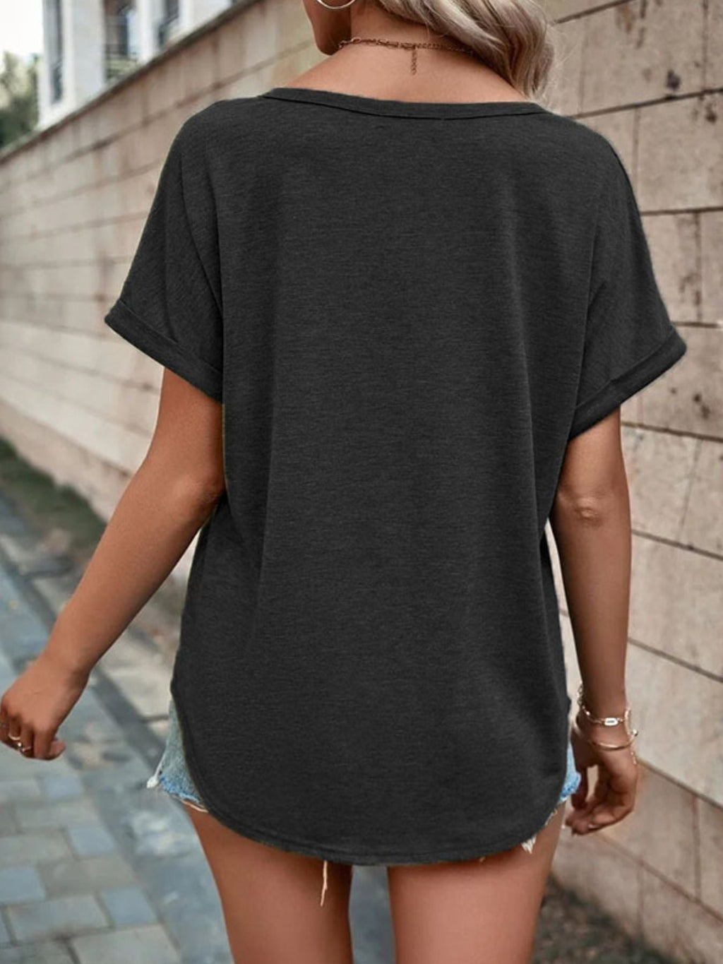 Full Size Decor Button Short Sleeve T-Shirt Plus Size