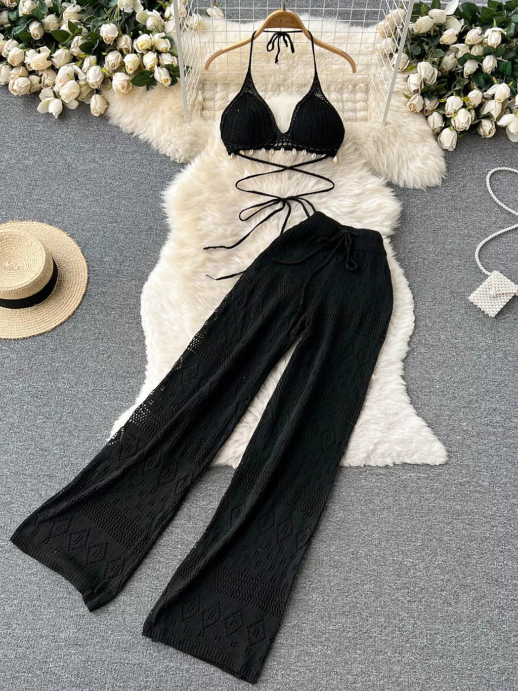 Crochet Knit Halter Neck Top and Wide Leg Pants Set