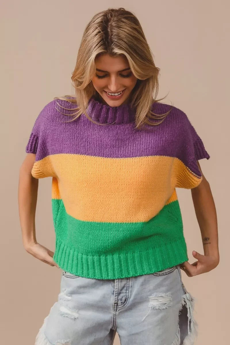BiBi Mardi Gras Color Block Drop Shoulder Sweater Top
