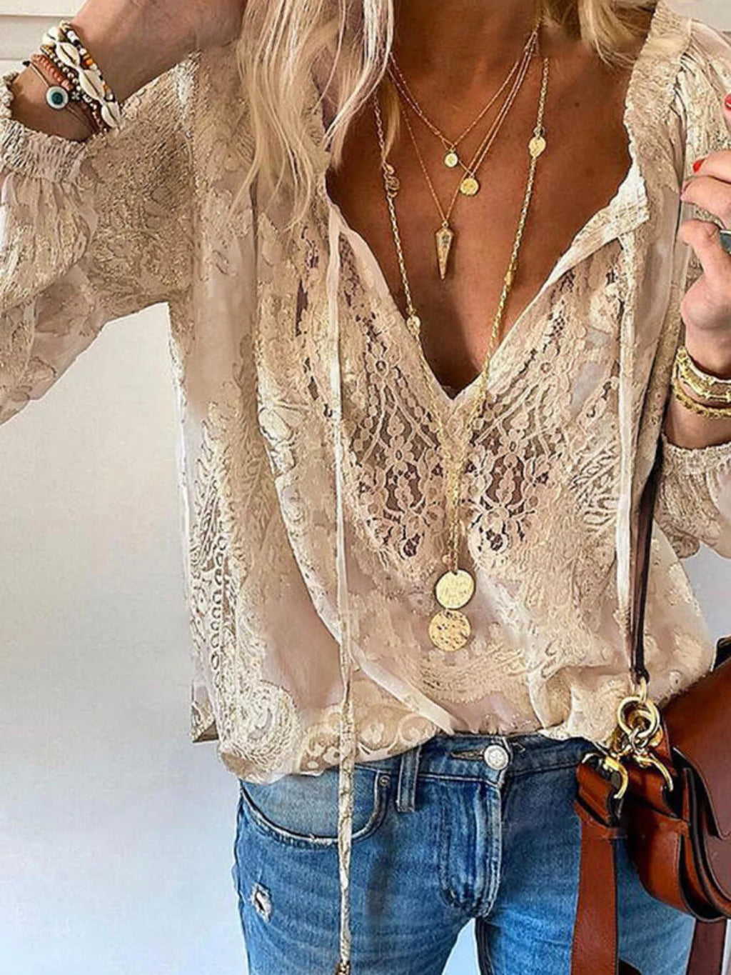 Lace Tie-Neck Blouse