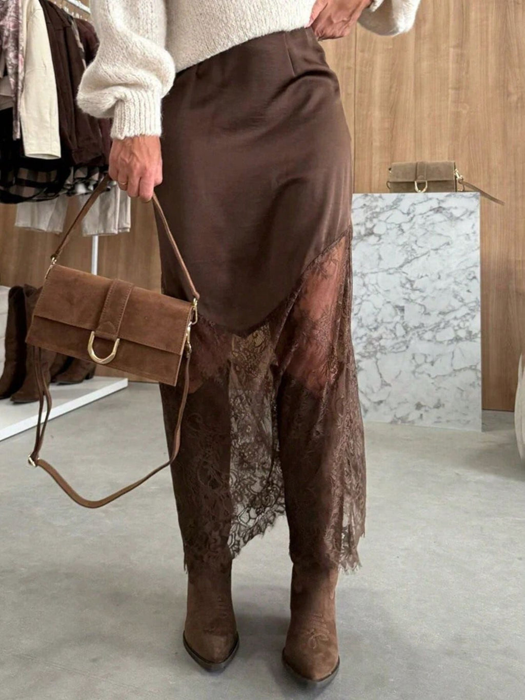 Lace Trim Satin Midi Skirt