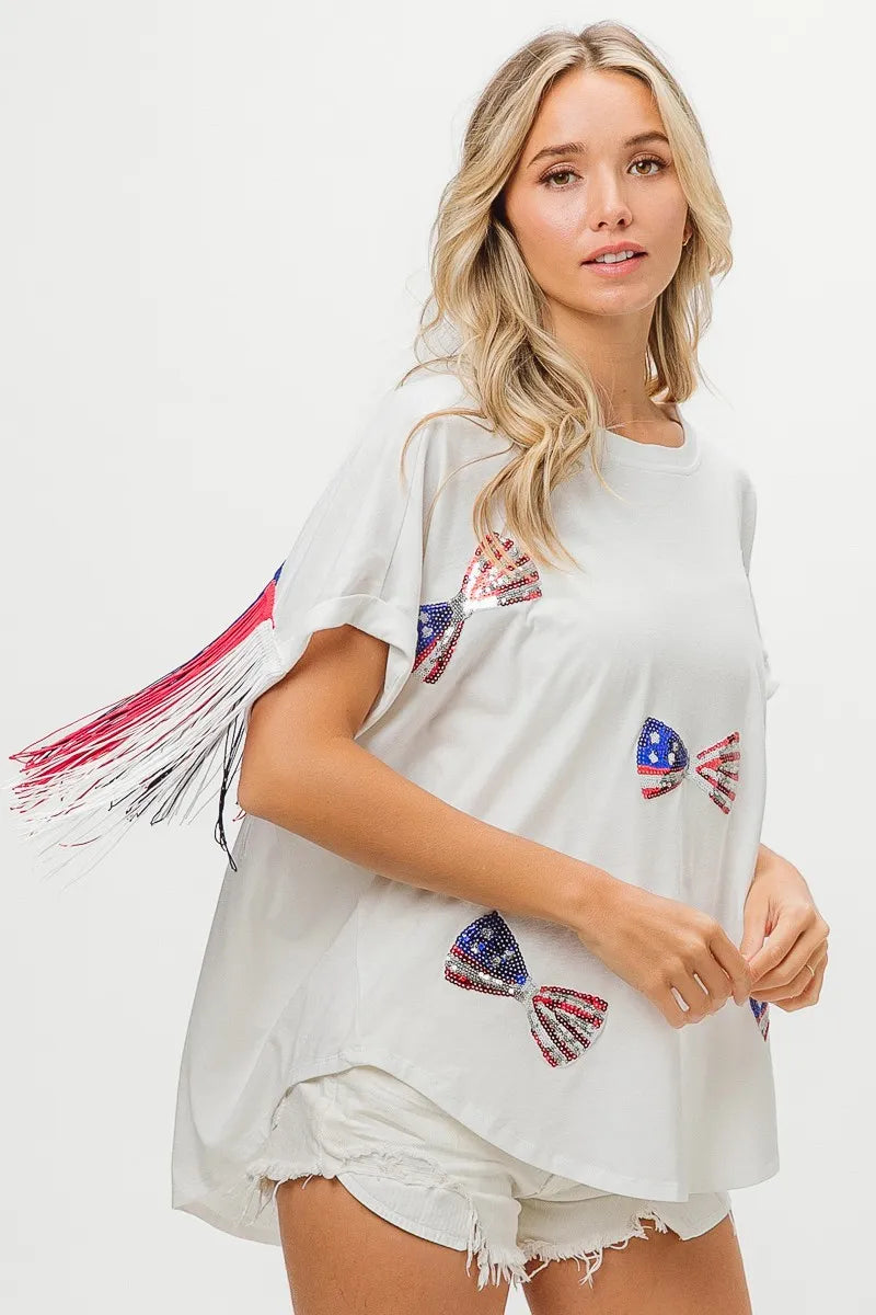 BiBi American Flag Sequin Ribbon T-Shirt
