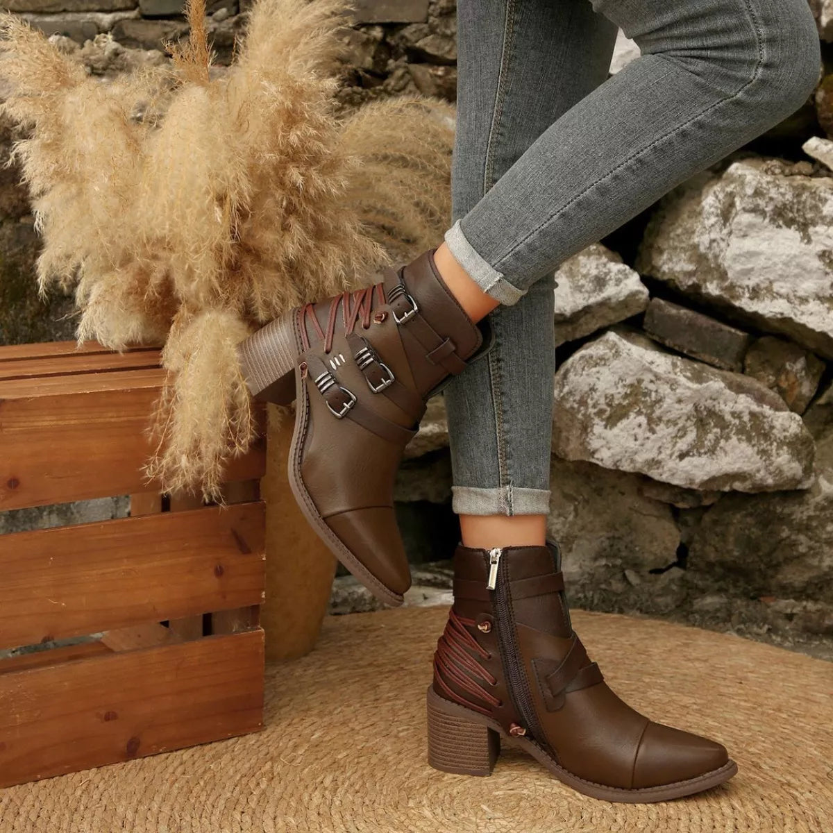 Point Toe Buckle Strap Ankle Boots with Block Heels