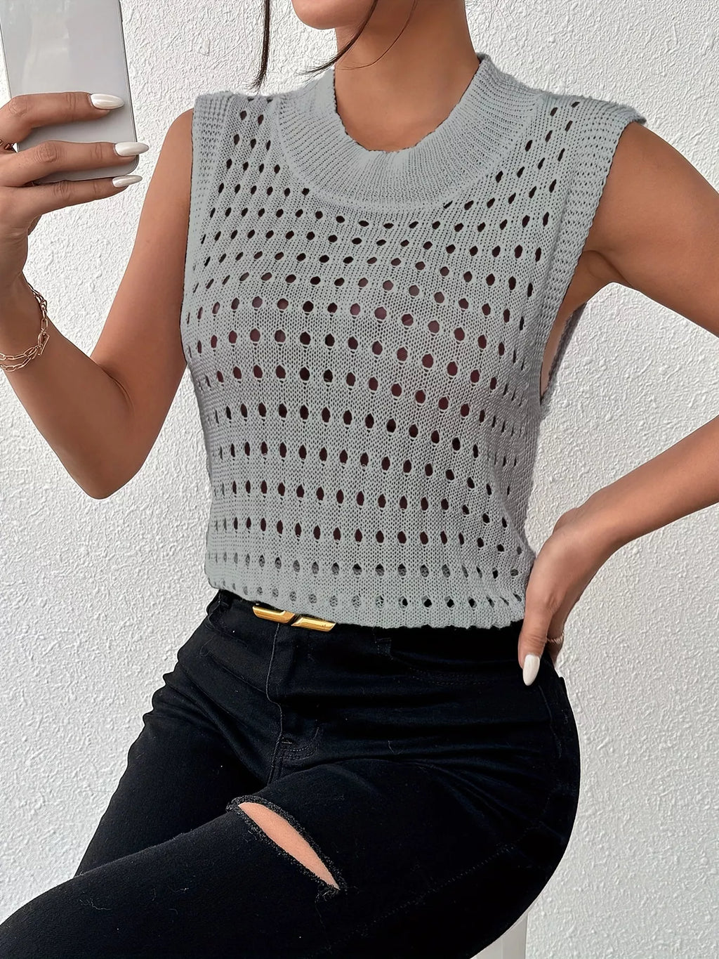 Hollow Out Round Neck Knit Tank