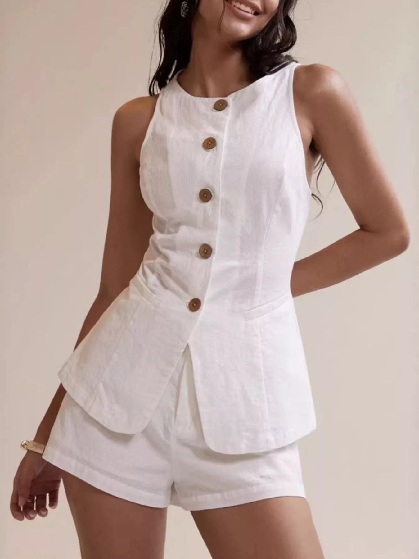 Button-Down Sleeveless Top and Shorts Set