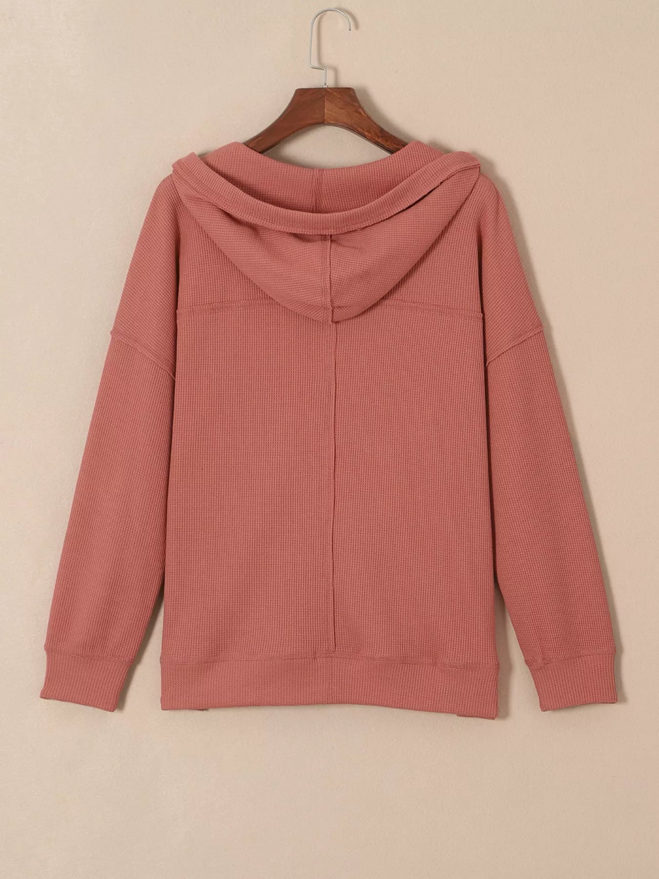 Drawstring V-Neck Waffle Knit Casual Hoodie