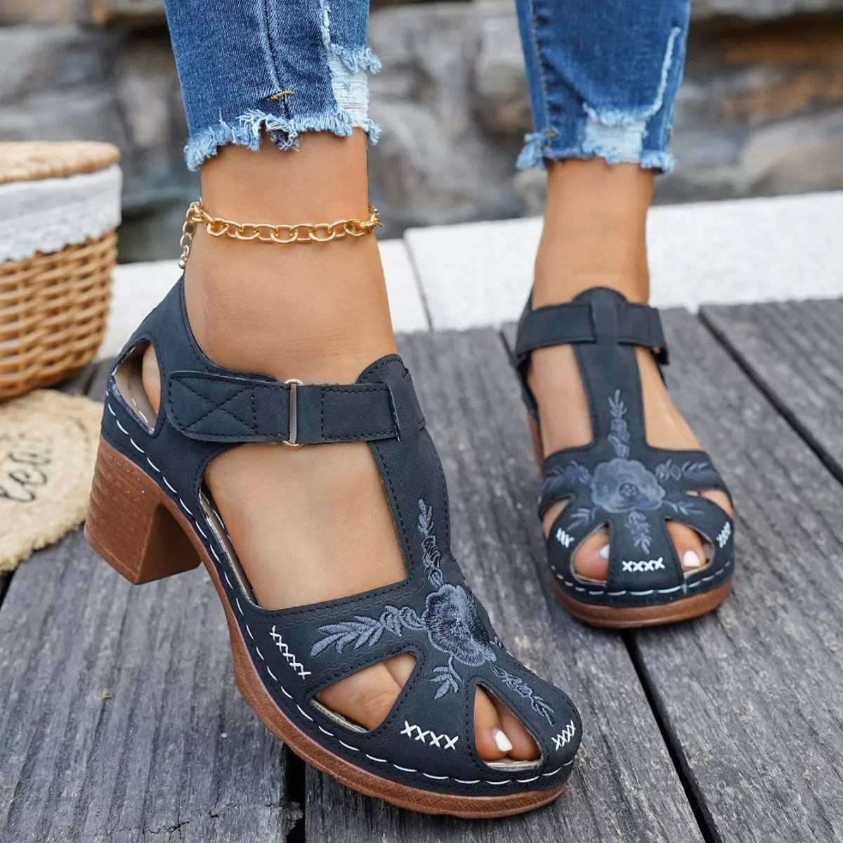 Cutout Block Heels Sandals