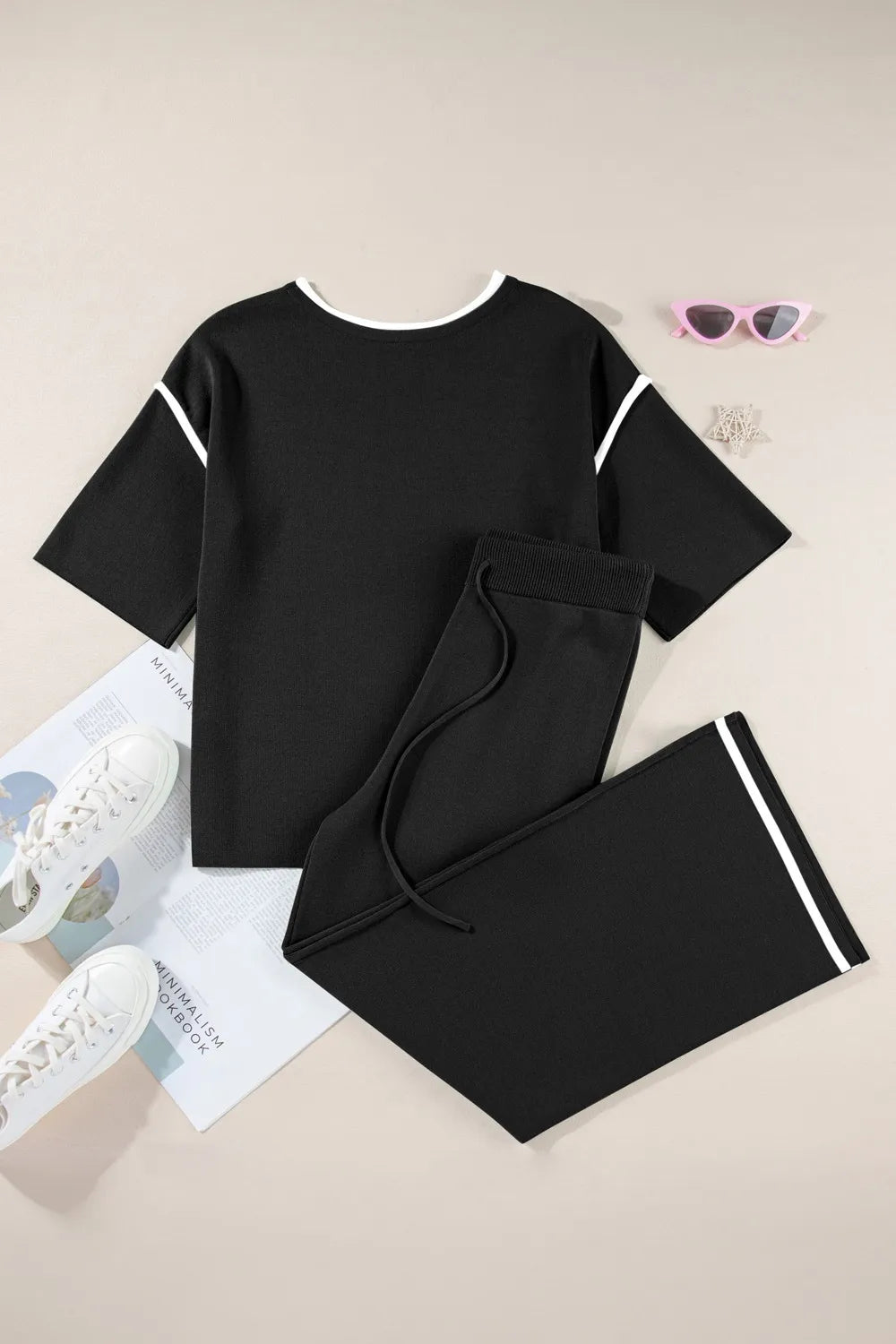 Contrast Trim Round Neck Top and Pants Set