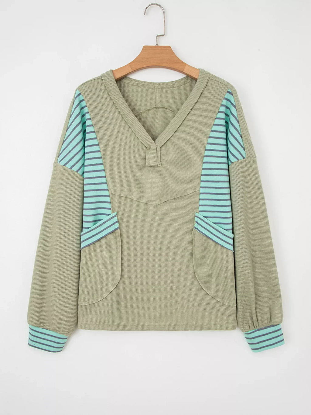 Exposed Seam Waffle Striped Patchwork Baggy Blouse