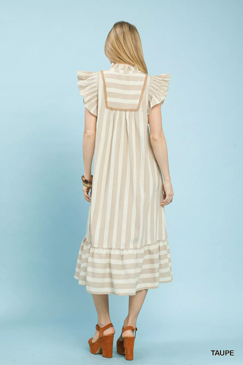 Umgee Stripe Ruffle Sleeve Tiered Midi Dress